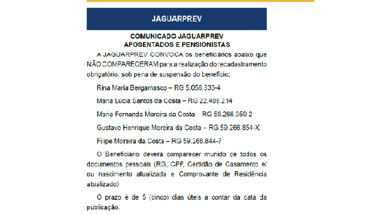 Atenção: Edital de convocação publicado em 11/11/2021, na Imprensa Oficial da Prefeitura do Município de Jaguariúna (Edição 821)